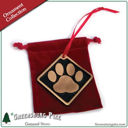 Dog pawprint ornament w/red velvet bag - natural rubbed finish - cast bronze - made in USA