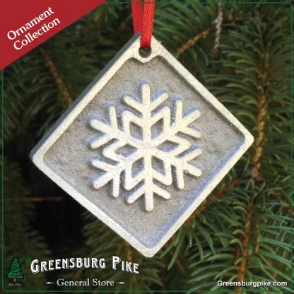 Snowflake Ornament - pewter look - cast aluminum w/red velvet drawstring bag - made in USA