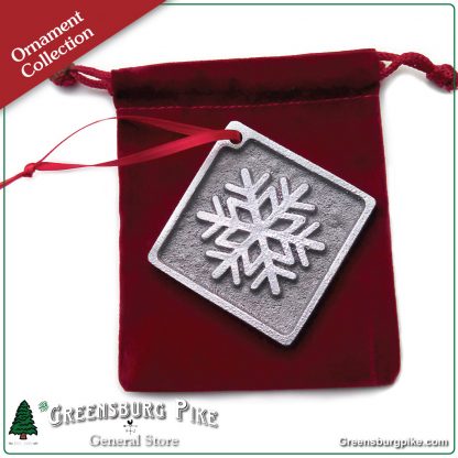Snowflake Ornament - pewter look - cast aluminum w/red velvet drawstring bag - made in USA