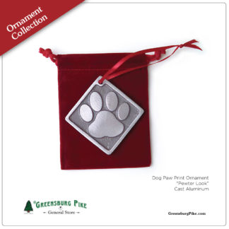 Dog Paw Print Ornament - pewter look cast aluminum w/red velvet bag